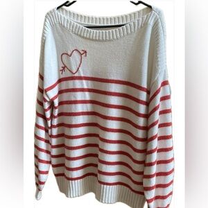 LOFT size L boatneck white red stripe sweater heart EUC